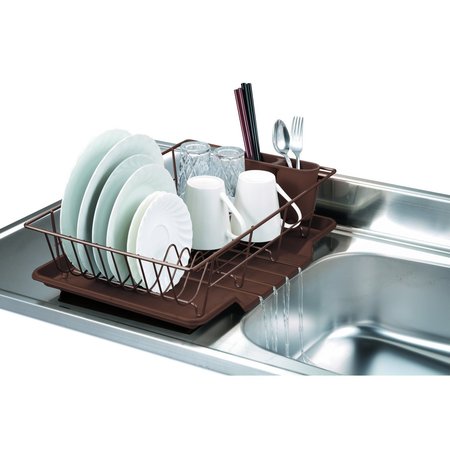 HOME BASICS 3 Piece Vinyl Dish Drainer with SelfDraining Drip Tray, Brown DD30236